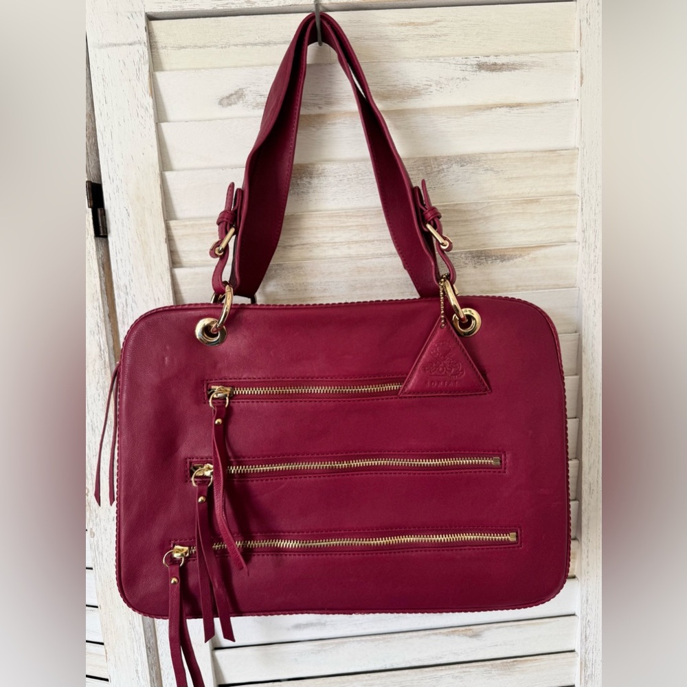 Sorial New York Red / Burgundy Leather Tote Zipper Accents Pocketbook Travel - Picture 2 of 16